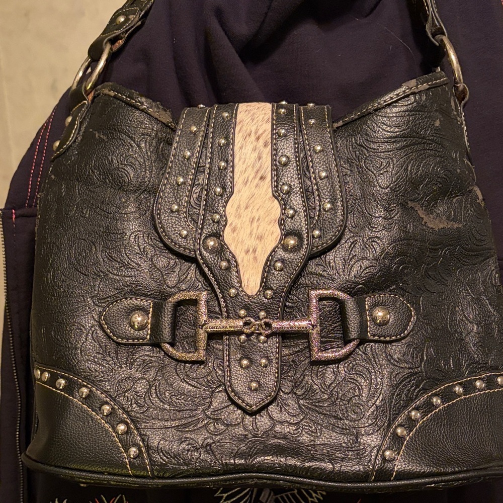 Montana West Black and Cream Embossed Shoulder Bag